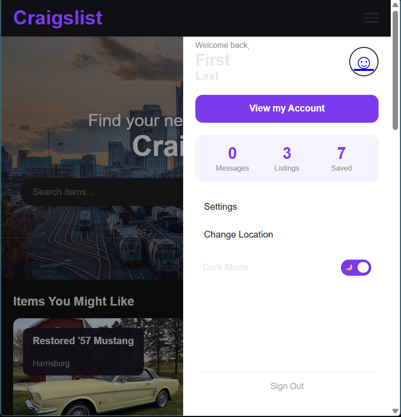 Dark mode interface with toggle