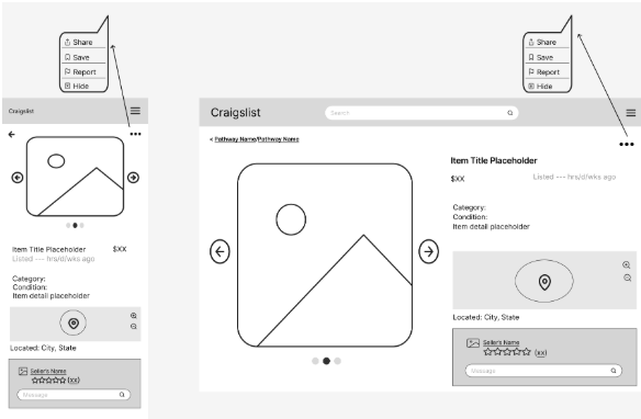 Item listing wireframe (mobile and desktop)